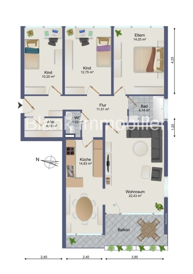 Helle 4-Zimmer-Wohnung mit Balkon, EBK, Garage, ab sofort frei - in Ottobeuren - Grundriss Obergeschoss